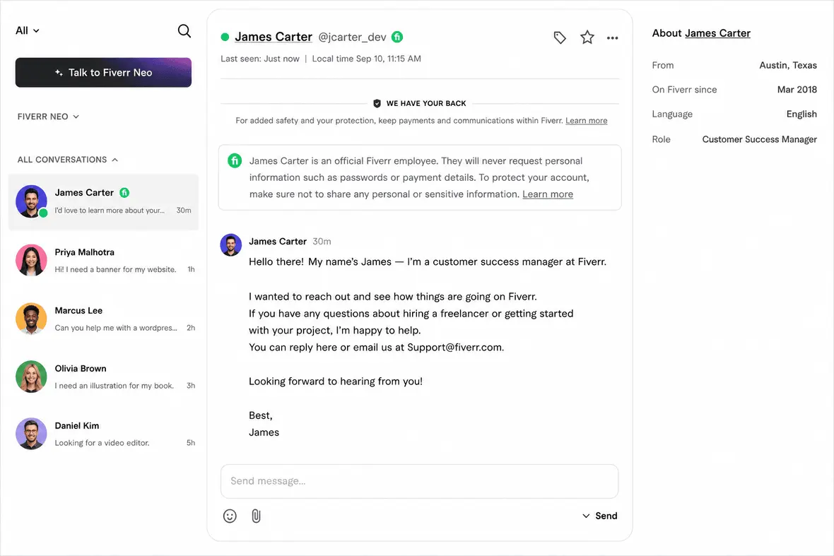 Screenshot of a Fiverr phishing scam in Fiverr chat.