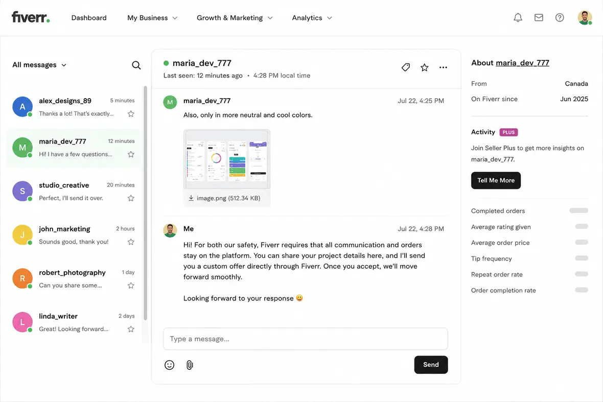Screenshot of a Fiverr scam trying to move the conversation off of the platform.