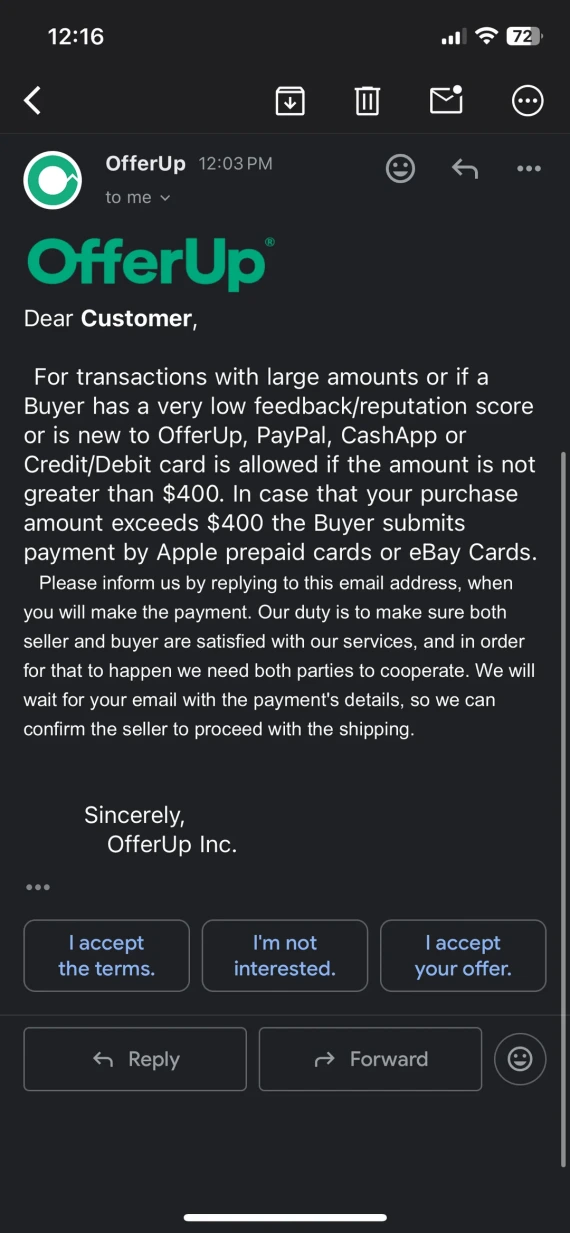 OfferUp customer support scam.