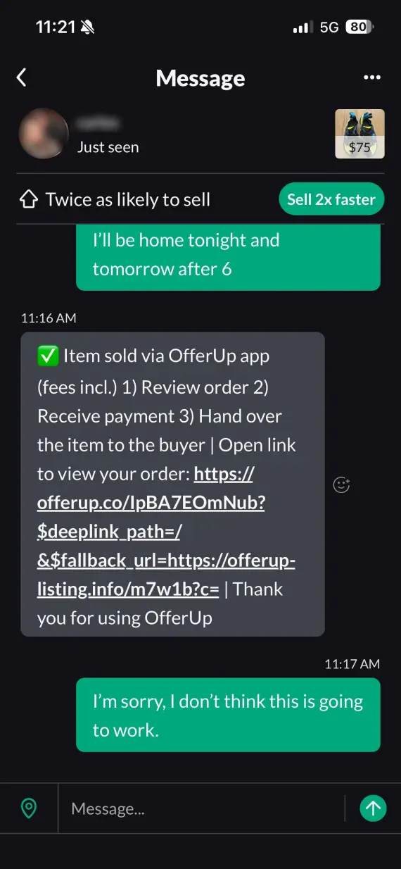 Screenshot a on OfferUp phishing link scam.