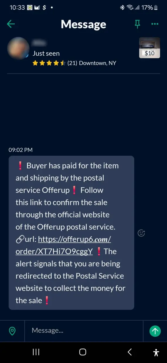 Screenshot of an OfferUp link scam with instructions related to shipping.