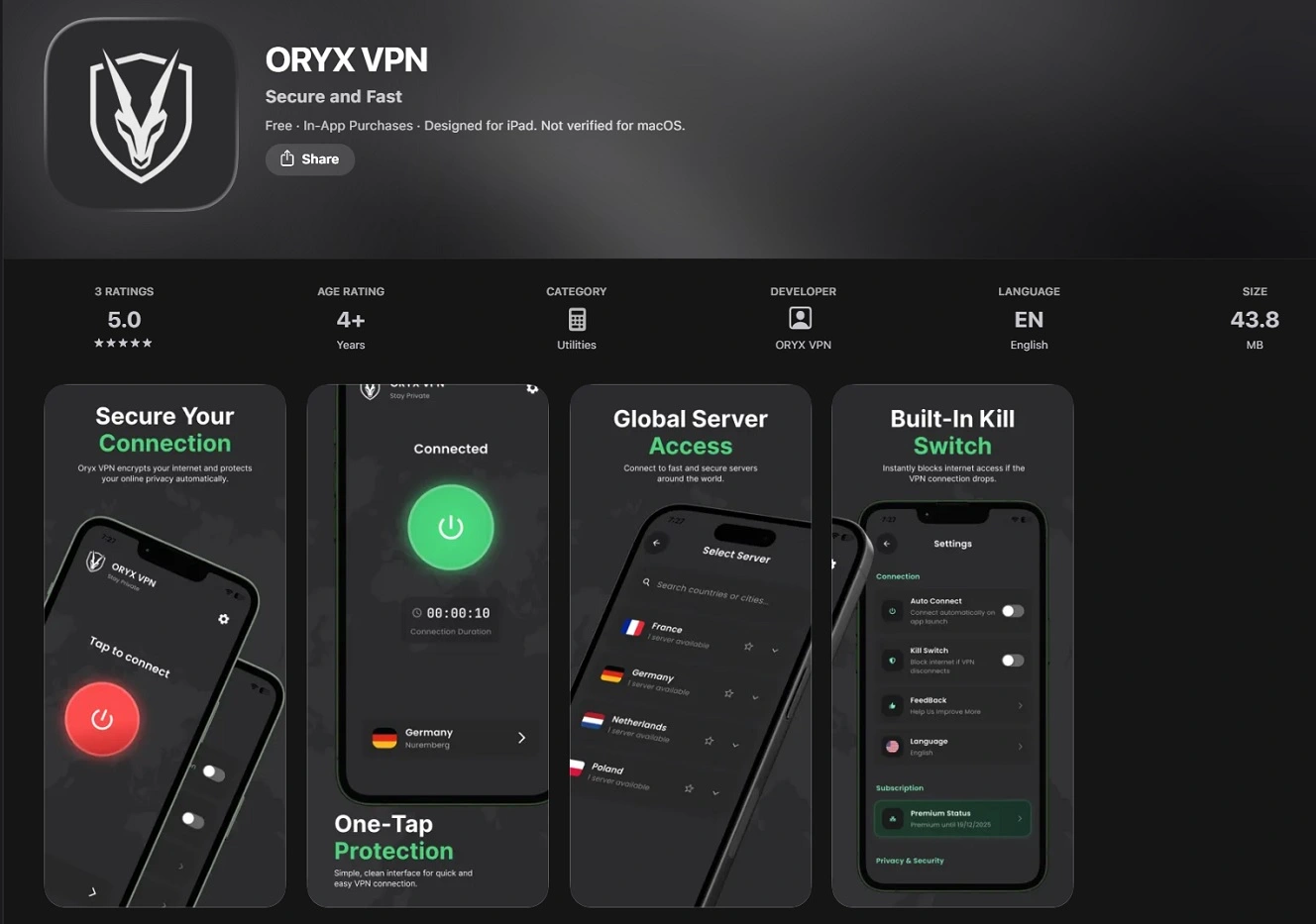 A screenshot of the app Oryx VPN on the Apple App Store.