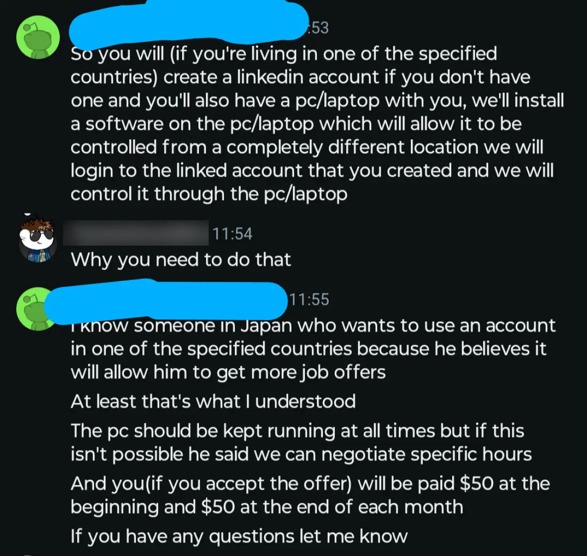 Screenshot of messages linked to a fake job scam.