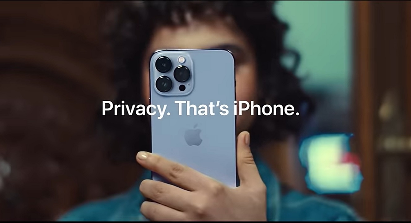 Screenshot from an Apple ad that depicted data brokers in an auction selling users' data.