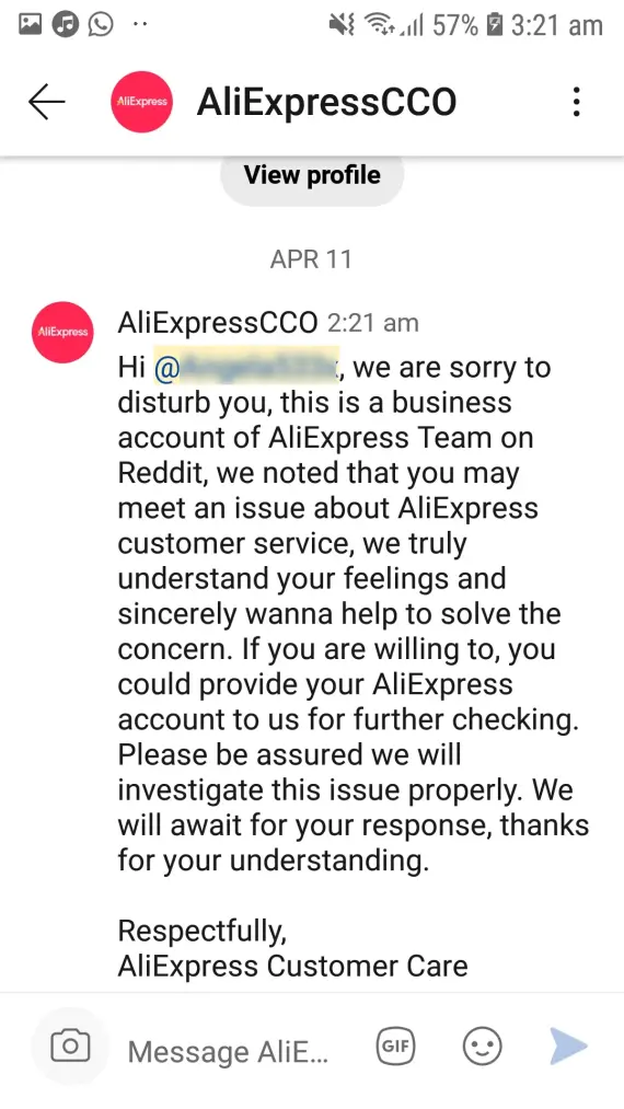AliExpress fake customer support scam.