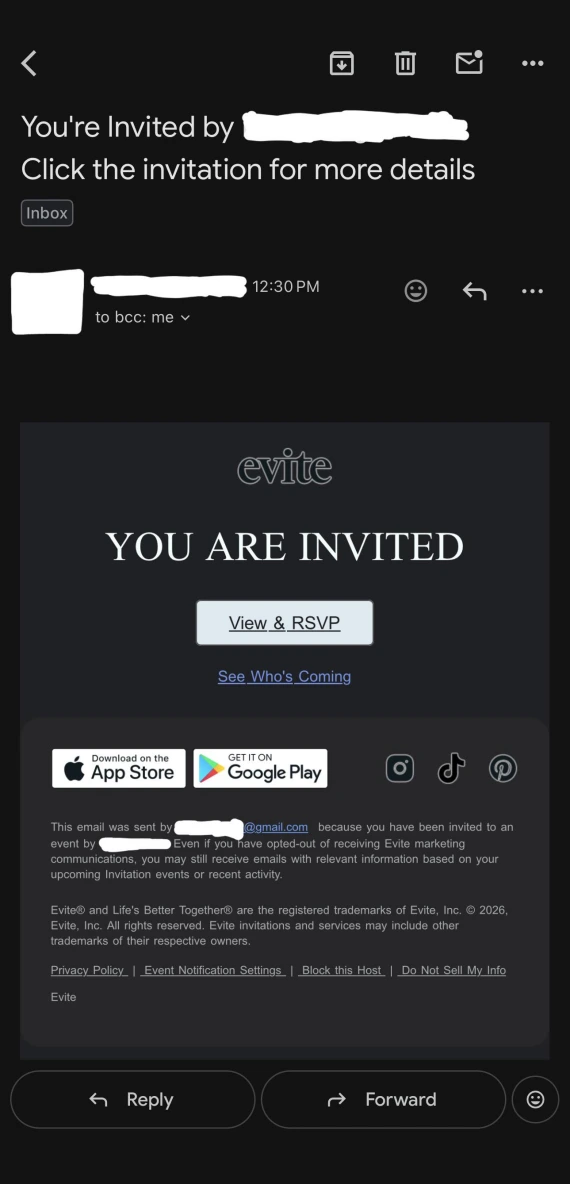 Screenshot of a fake Evite invite.