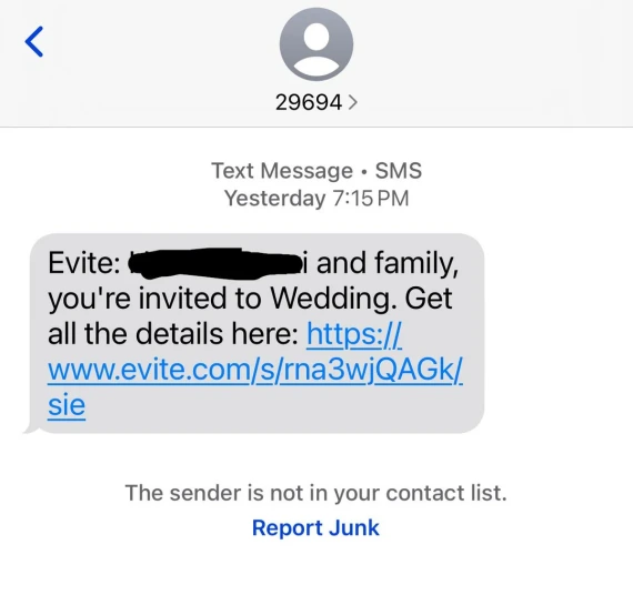 Fake Evite text message.