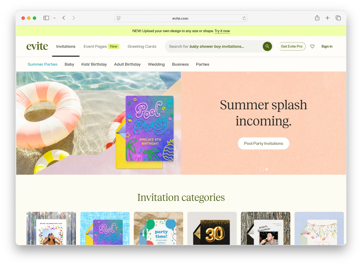 Evite website screenshot.