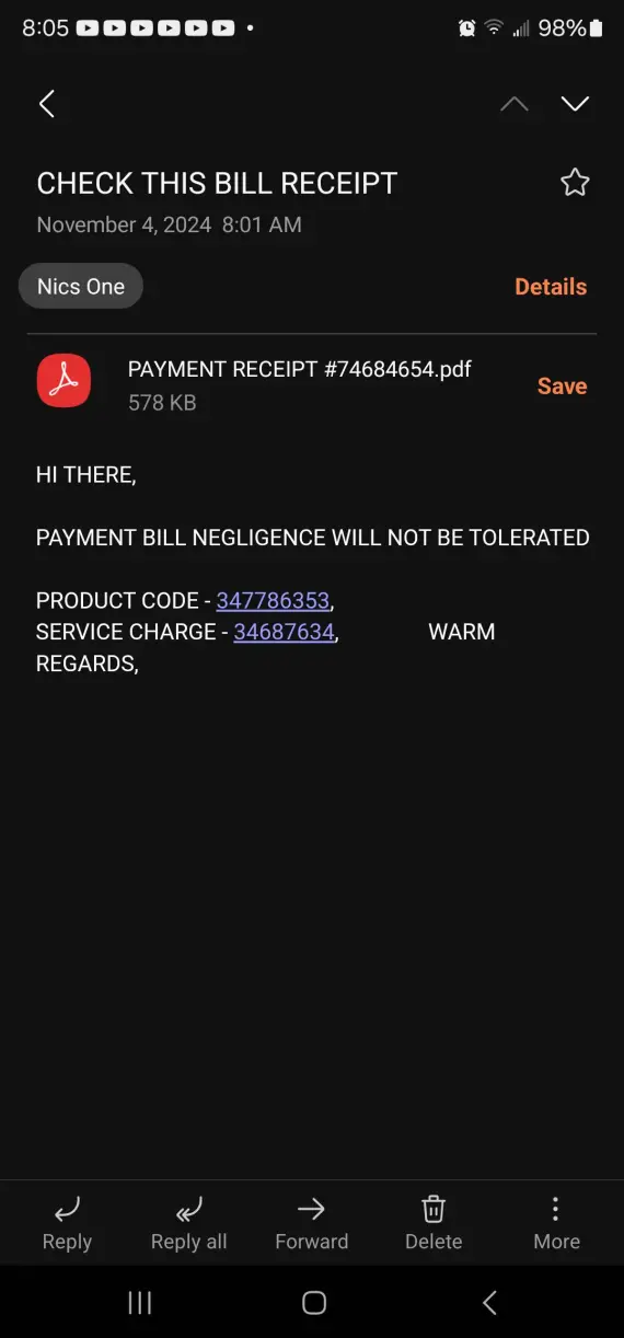 A screenshot showing an example of a fake invoice associated with a scam.