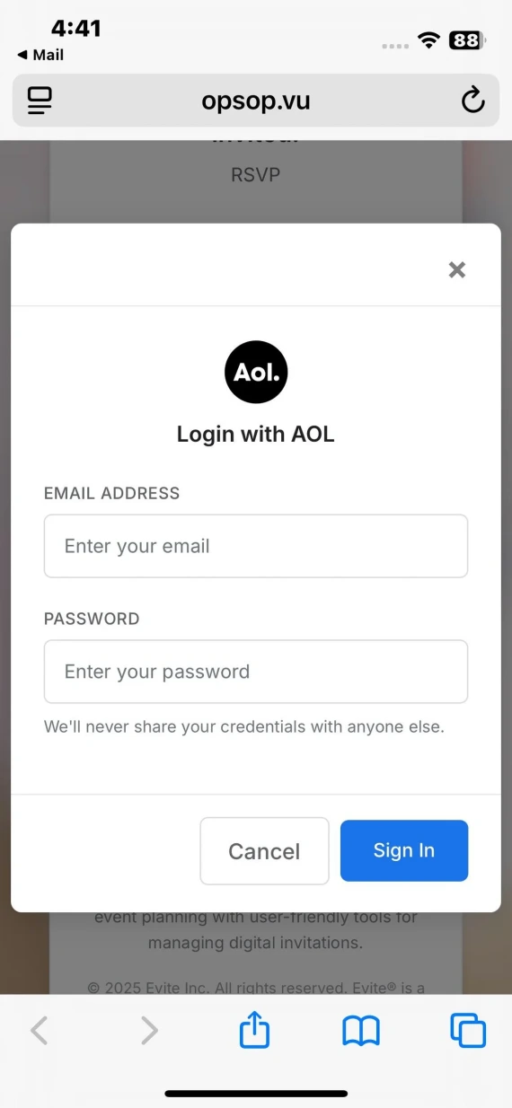 Screnshot of an Evite scam asking for the user to log in with AOL.
