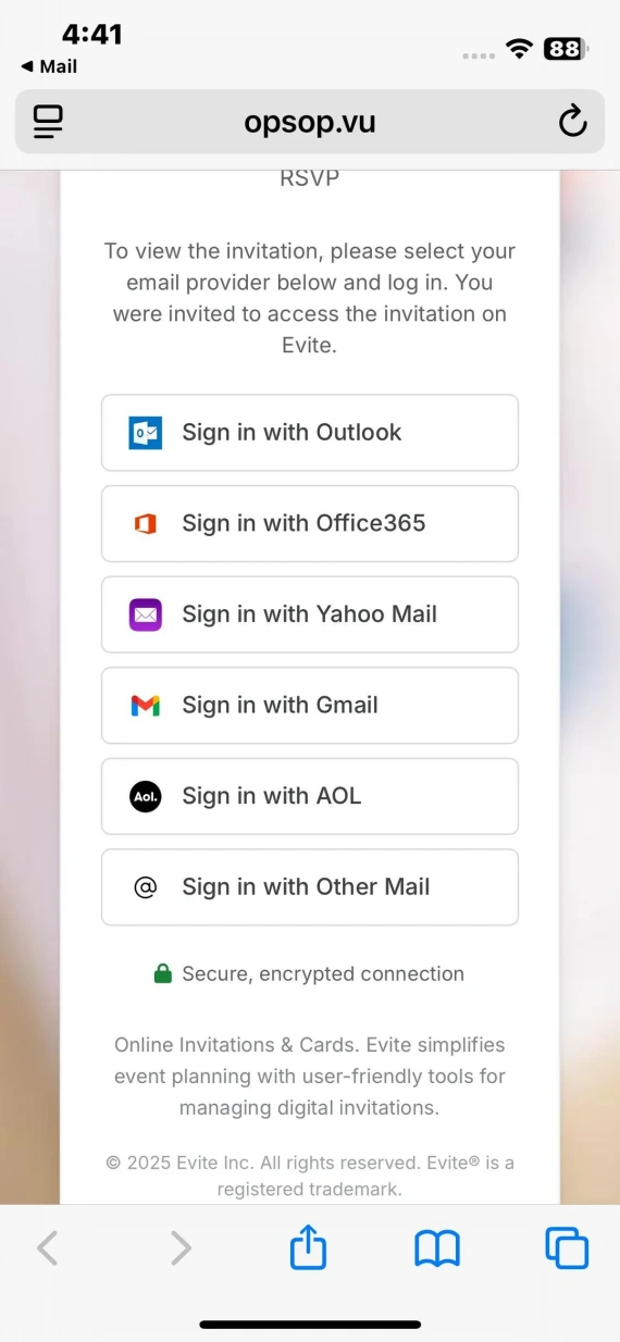 Screenshot of an Evite scam asking for login information.