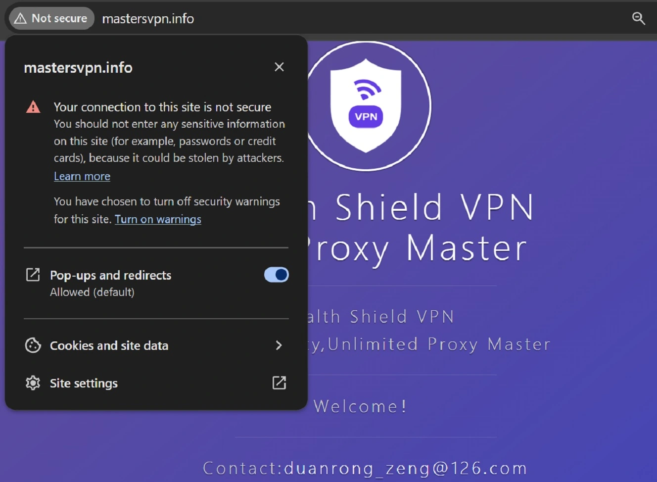 Stealth Shield VPN lists an unsafe HTTP website on the Apple App Store.