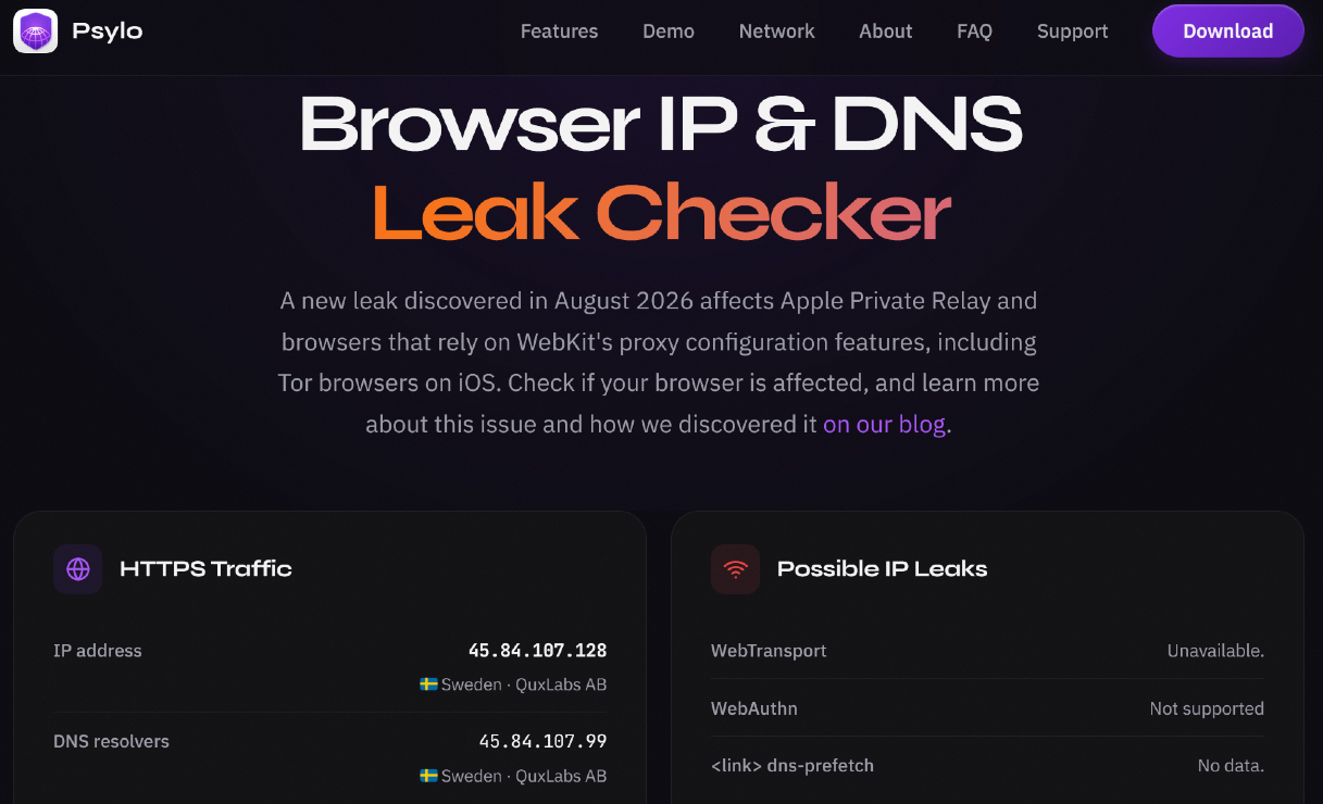 The website created by Mysk researchers where you can check if iCloud Private Relay is leaking your IP.