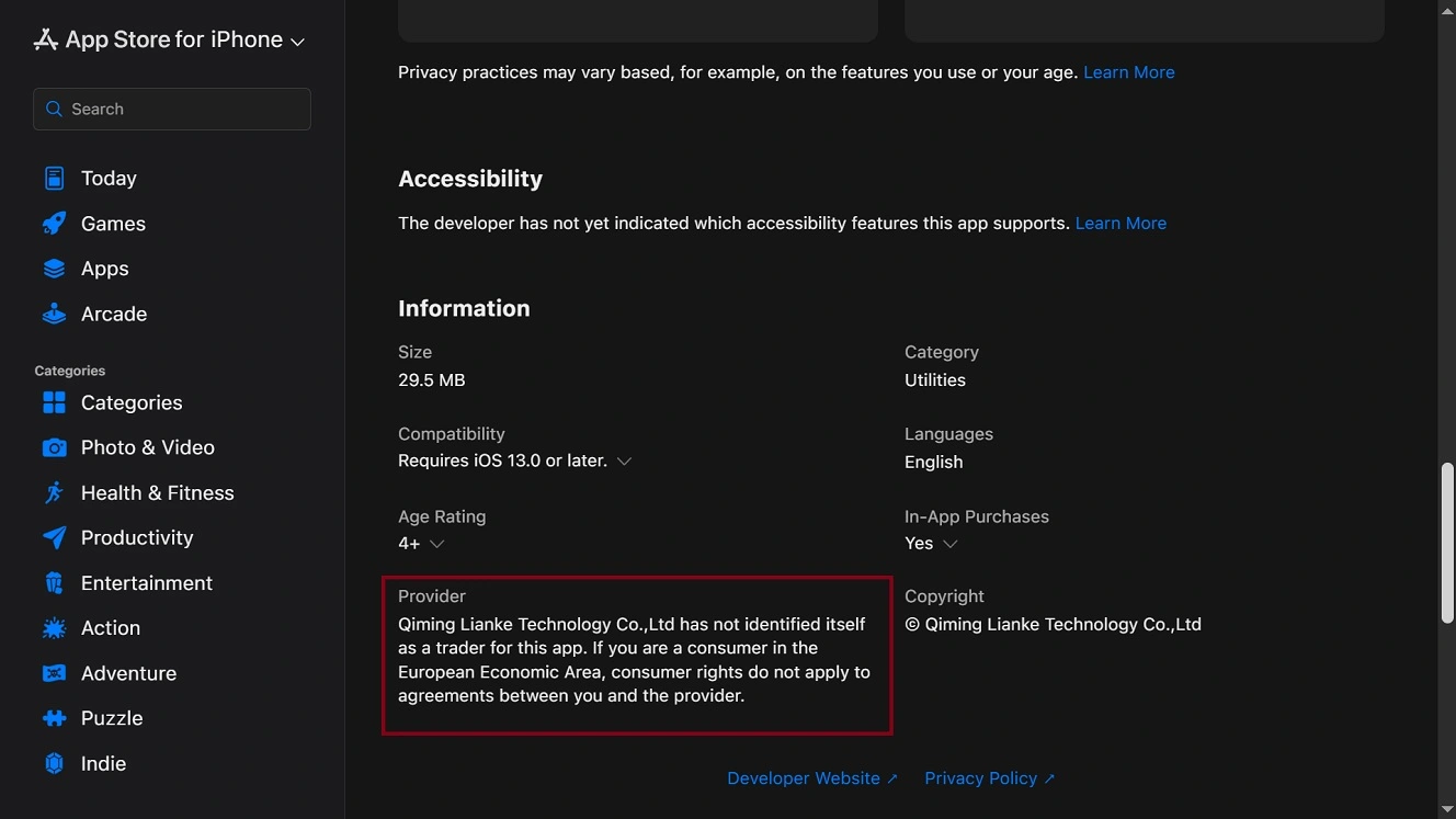 Developer information on the app Stealth Shield VPN. Like with other apps its the data is hidden behind scrolls and submenus, making it harder for users to see who built the app they are interested in.