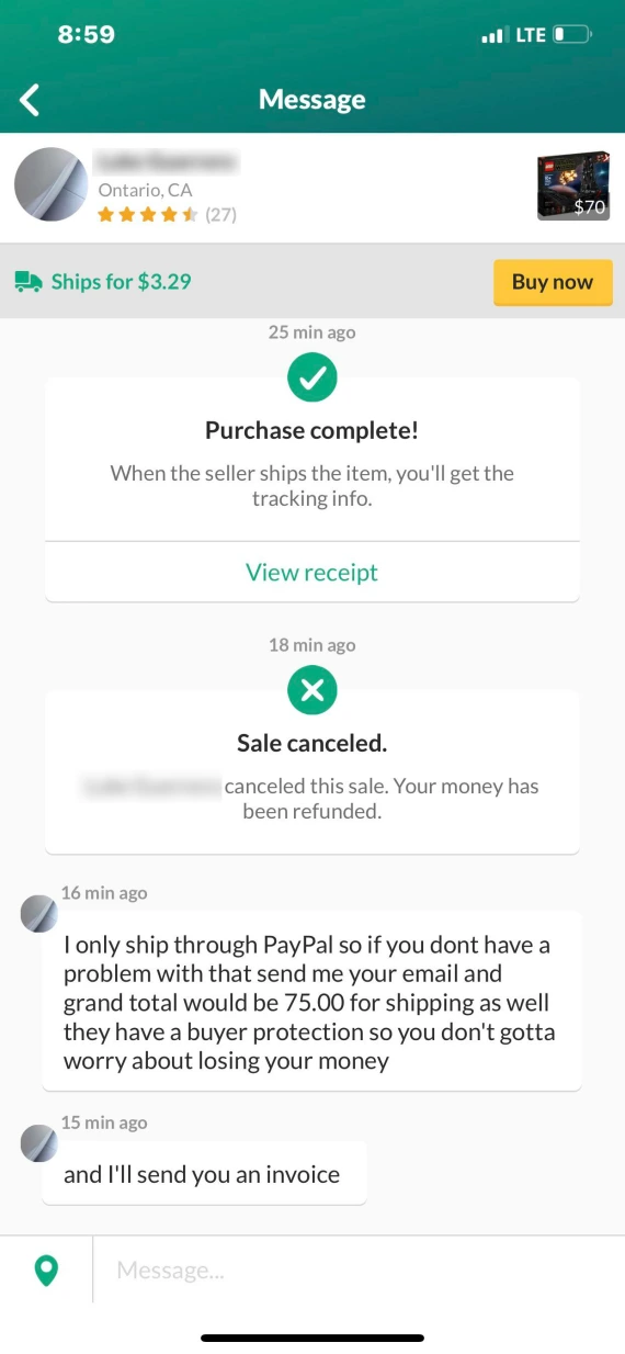 Screenshot of a user on OfferUp asking for an off-platform payment.