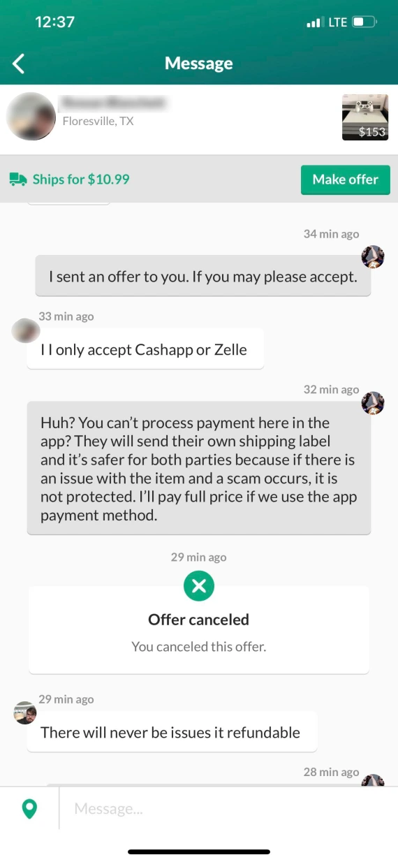 Example of an off-platform payment scam on OfferUp.