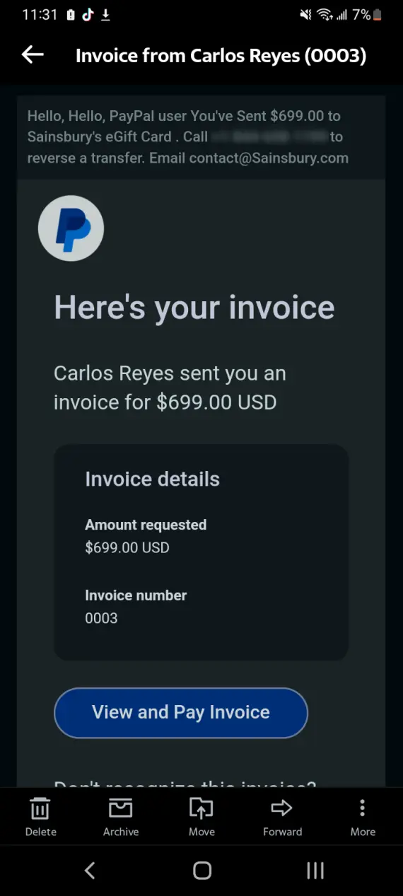 A screenshot showing and example of a PayPal scam.