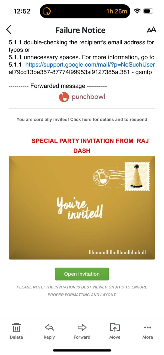 Screenshot of a fake Punchbowl invite.