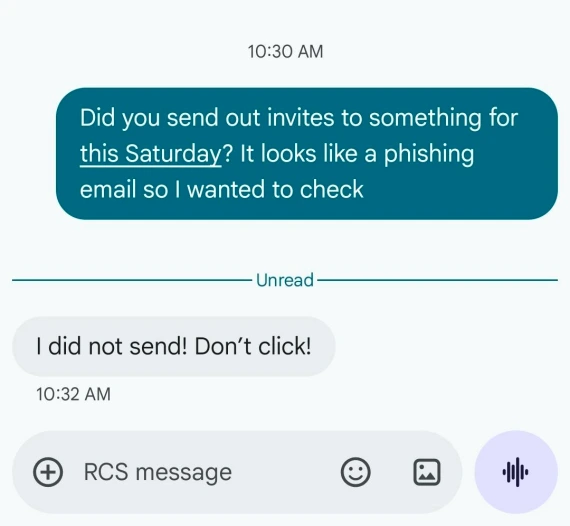 Contacting a friend over a fake Evite message.