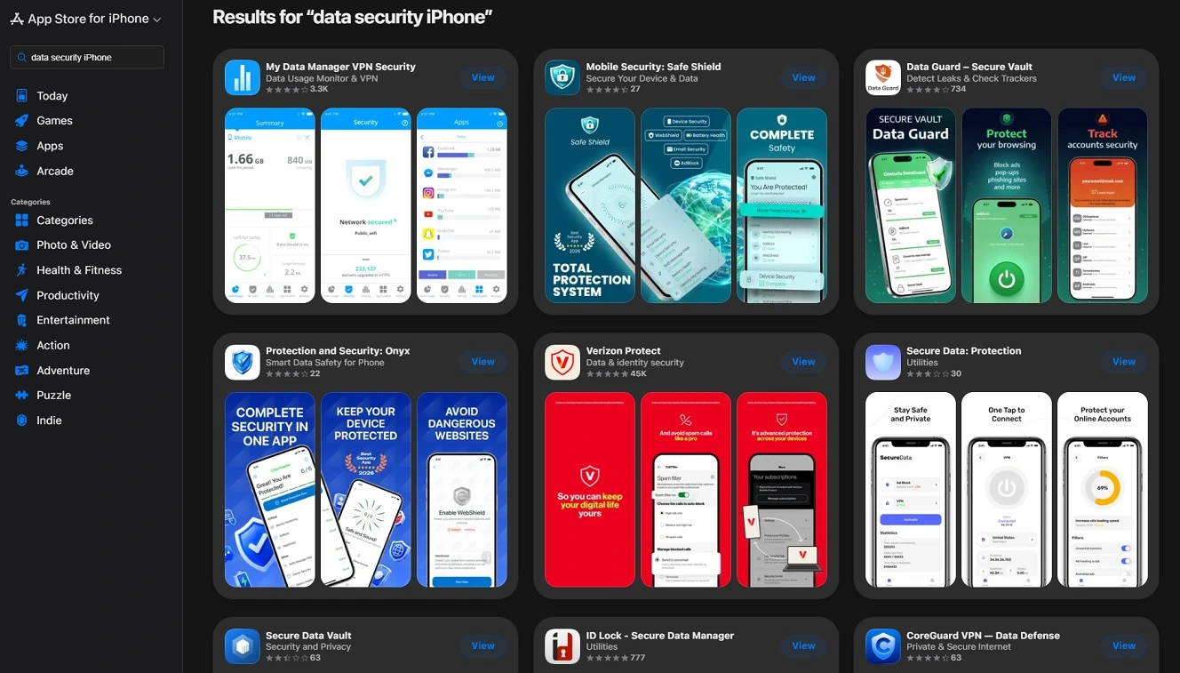 Data security for iPhones Apple App Store results.