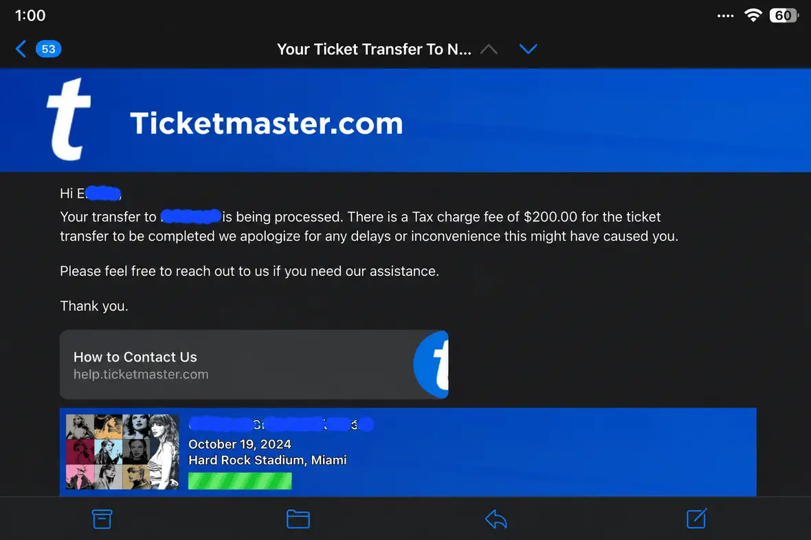 Screenshot of a Ticketmaster transfer scam in an email.