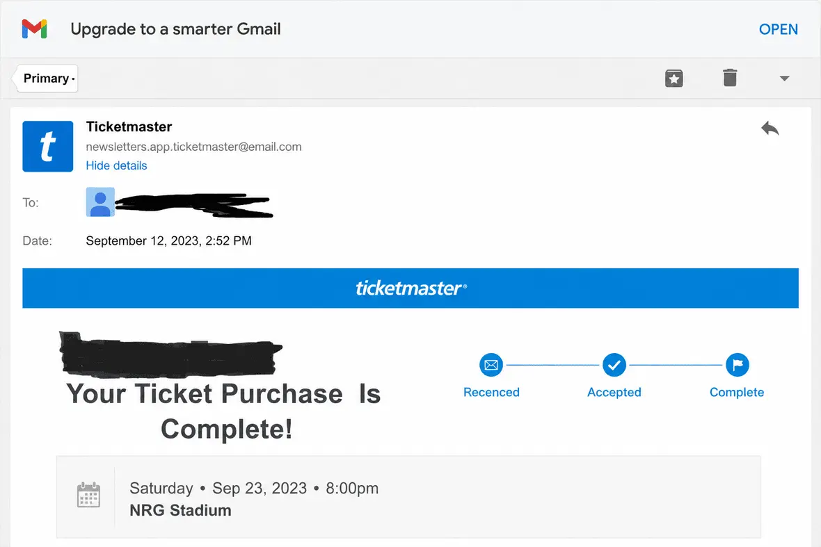 Screenshot of a fake Ticketmaster ticket purchase email.