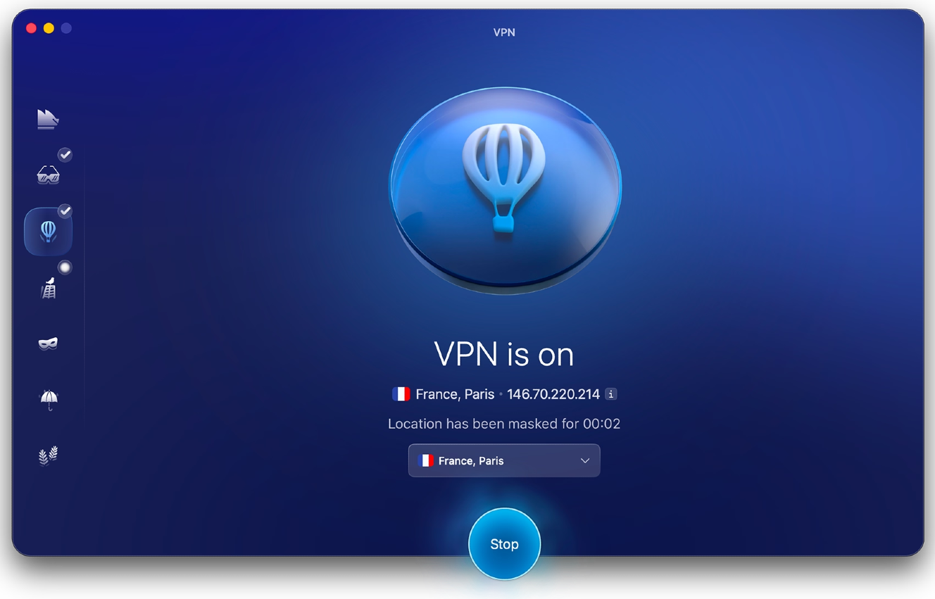 The Moonlock app's VPN. Image: Screenshot, Moonlock.