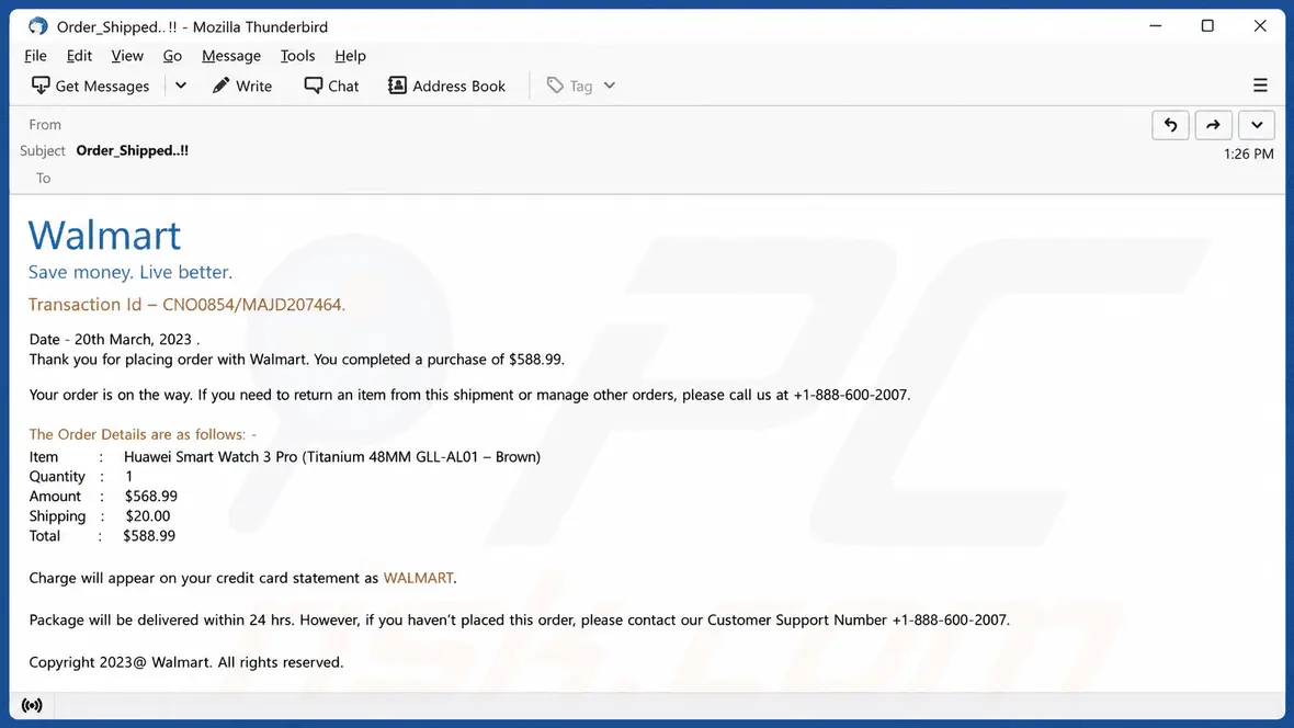 Screenshot of a Walmart scam through email claiming an order has been placed.