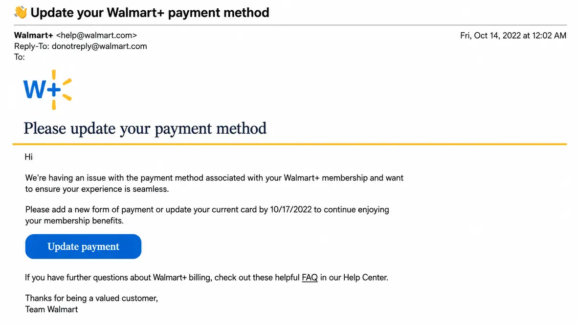 Screenshot of a Walmart scam where the potential victim is being asked to update payment info.