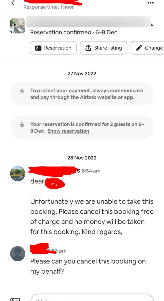 Airbnb cancellation scam with messages refusing to accept a reservation.