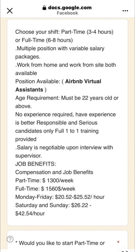 A job listing linked to an Airbnb employment scam.