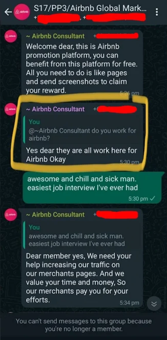 DMs associted with an Airbnb employment scam.