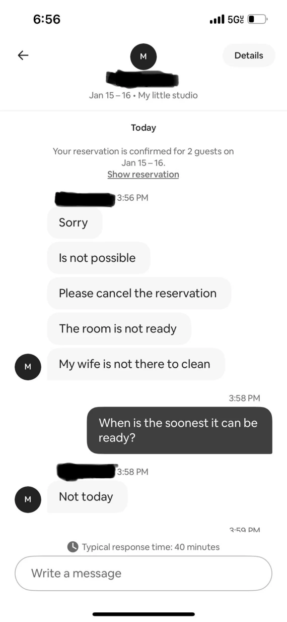 Text messages associated with an Airbnb cancellation scam.
