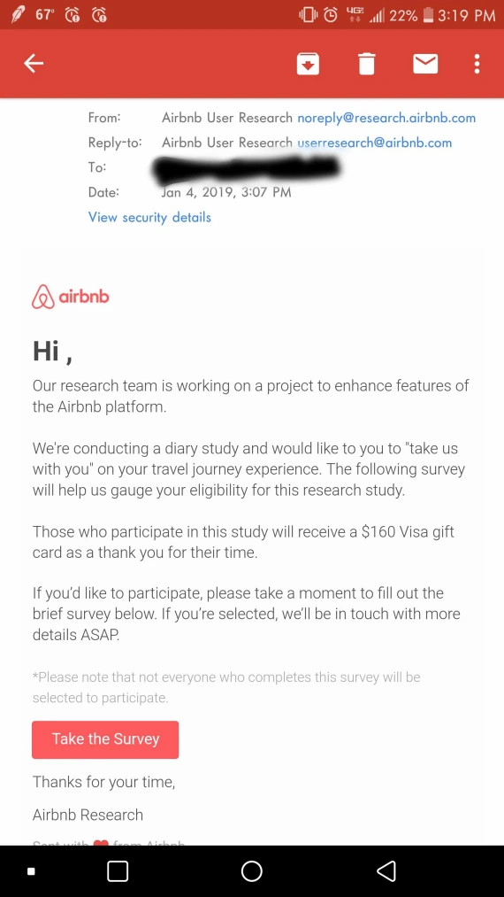 Screenshot of an email associated with an Airbnb phishing scam.