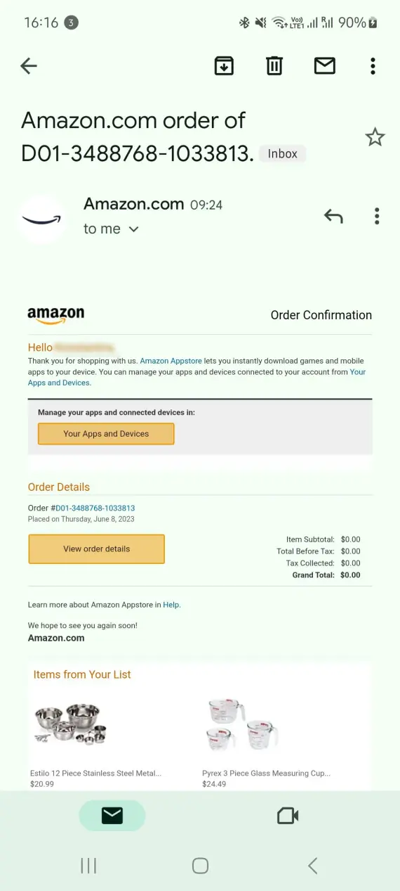 Fake Amazon order email