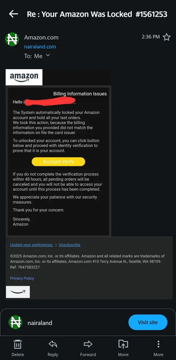 Screenshot of a message in a locked account phishing scam