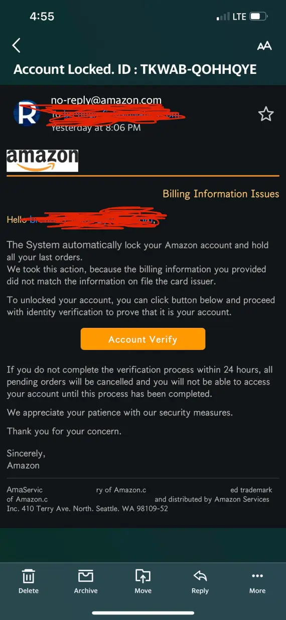 Screenshot of a message claiming to be from Amazon in a locked account phishing scam