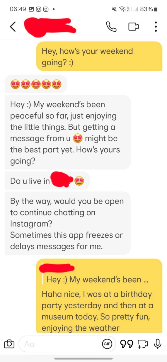 Screenshot of DMs in a Bumble Instagram scam.