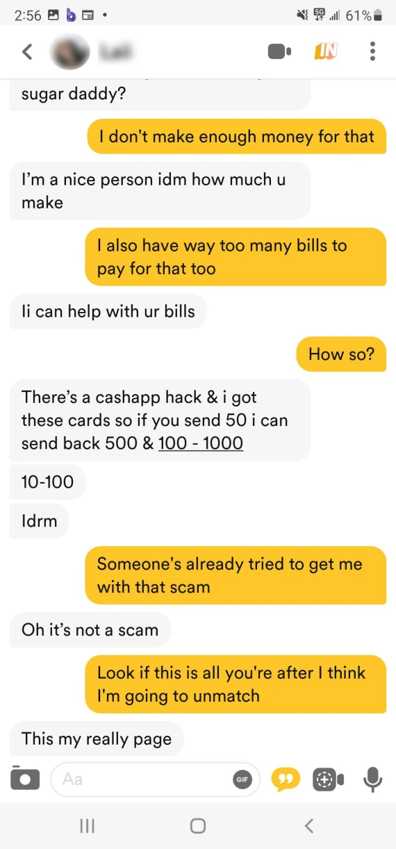 Screenshot of messages in a Bumble sugar daddy/sugar baby scam.