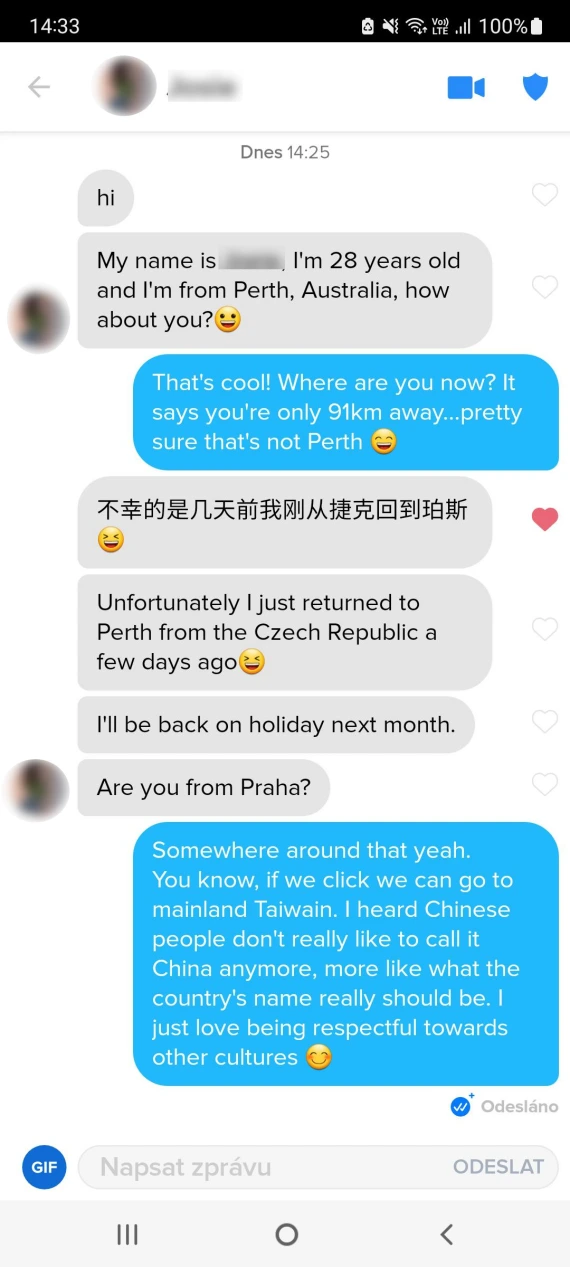 A screenshot of messages associated with a Bumble catfishing scam.