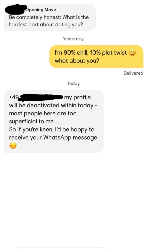 Screenshot of a message exchange in a Bumble WhatsApp scam.