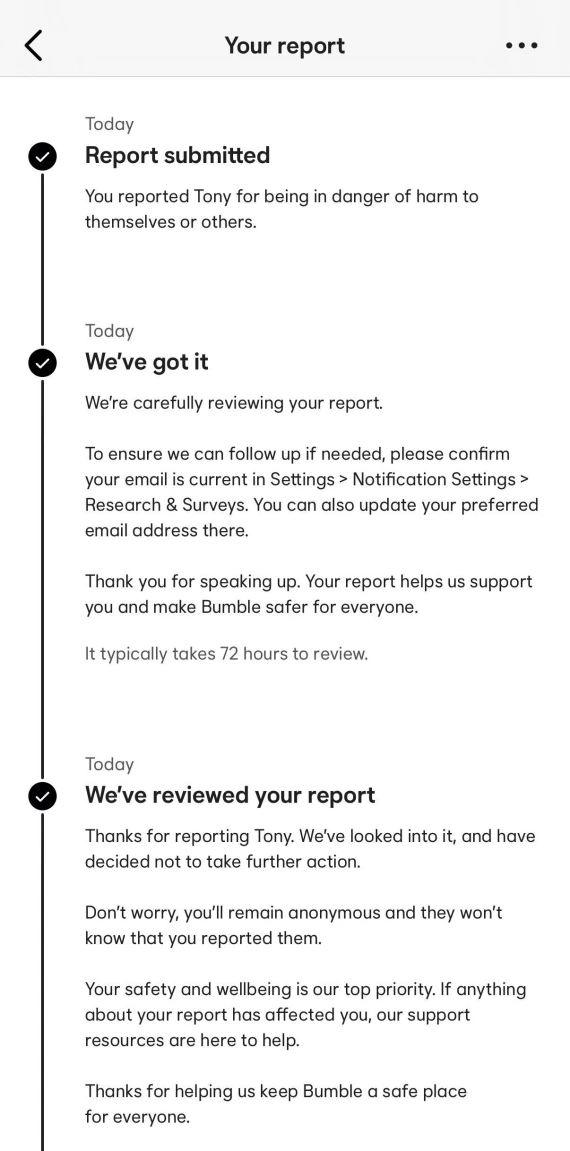 A screenshot of the Bumble account reporting process.