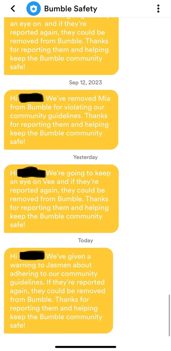 A screenshot of a message thread reporting a scam to Bumble.