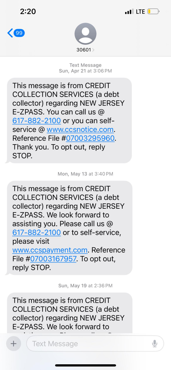 Screenshot of a CCS Payment scam text message.