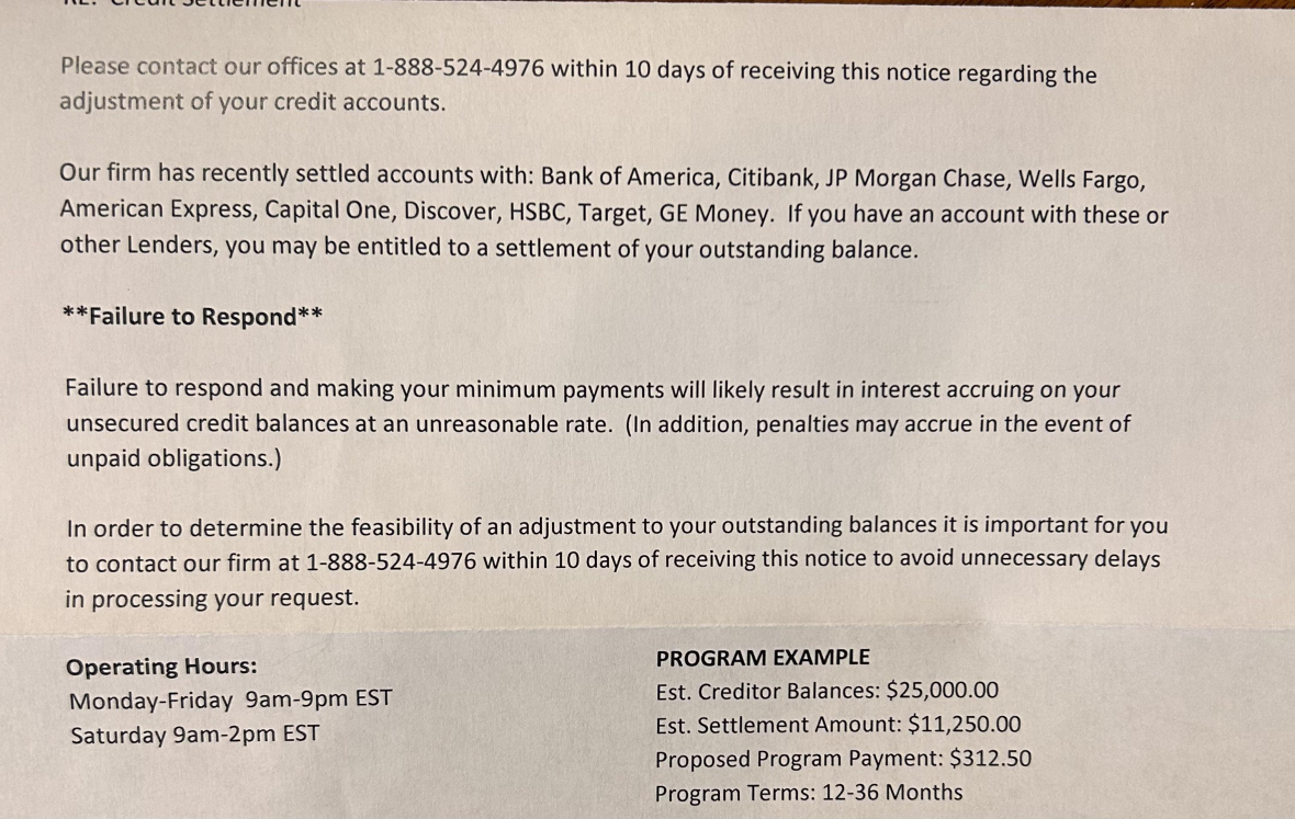 A letter claiming debt collection.