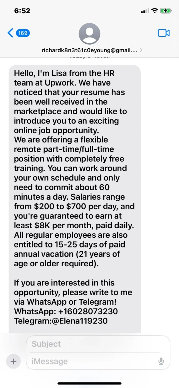 Upwork messaging scam example.