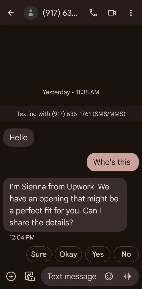 Screenshot of an Upwork SMS scam.